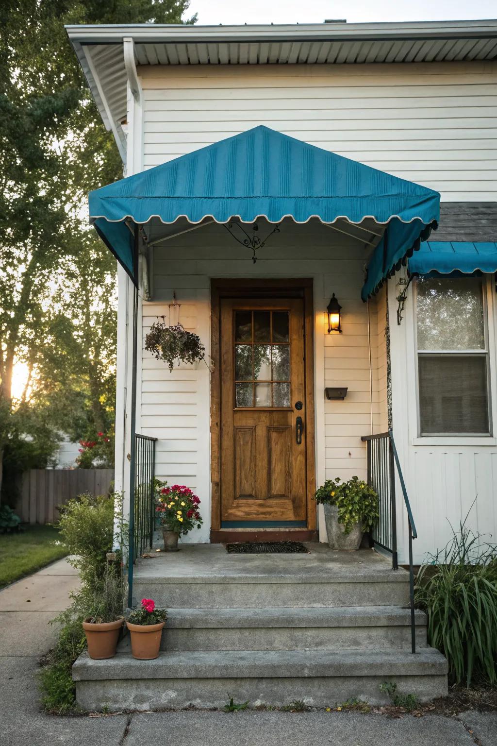 A contrasting color awning adds vibrancy to the home entrance.