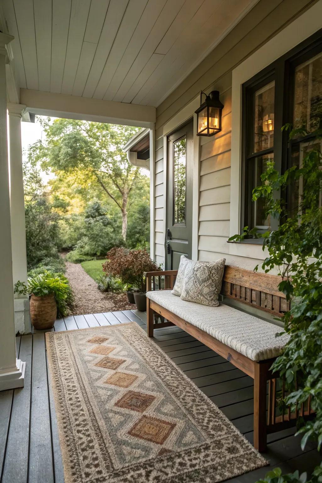 Outdoor rugs provide texture and define your porch area.