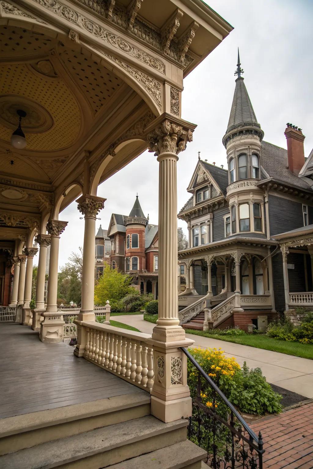 Ornate detailing in columns adds vintage elegance to this cozy porch.