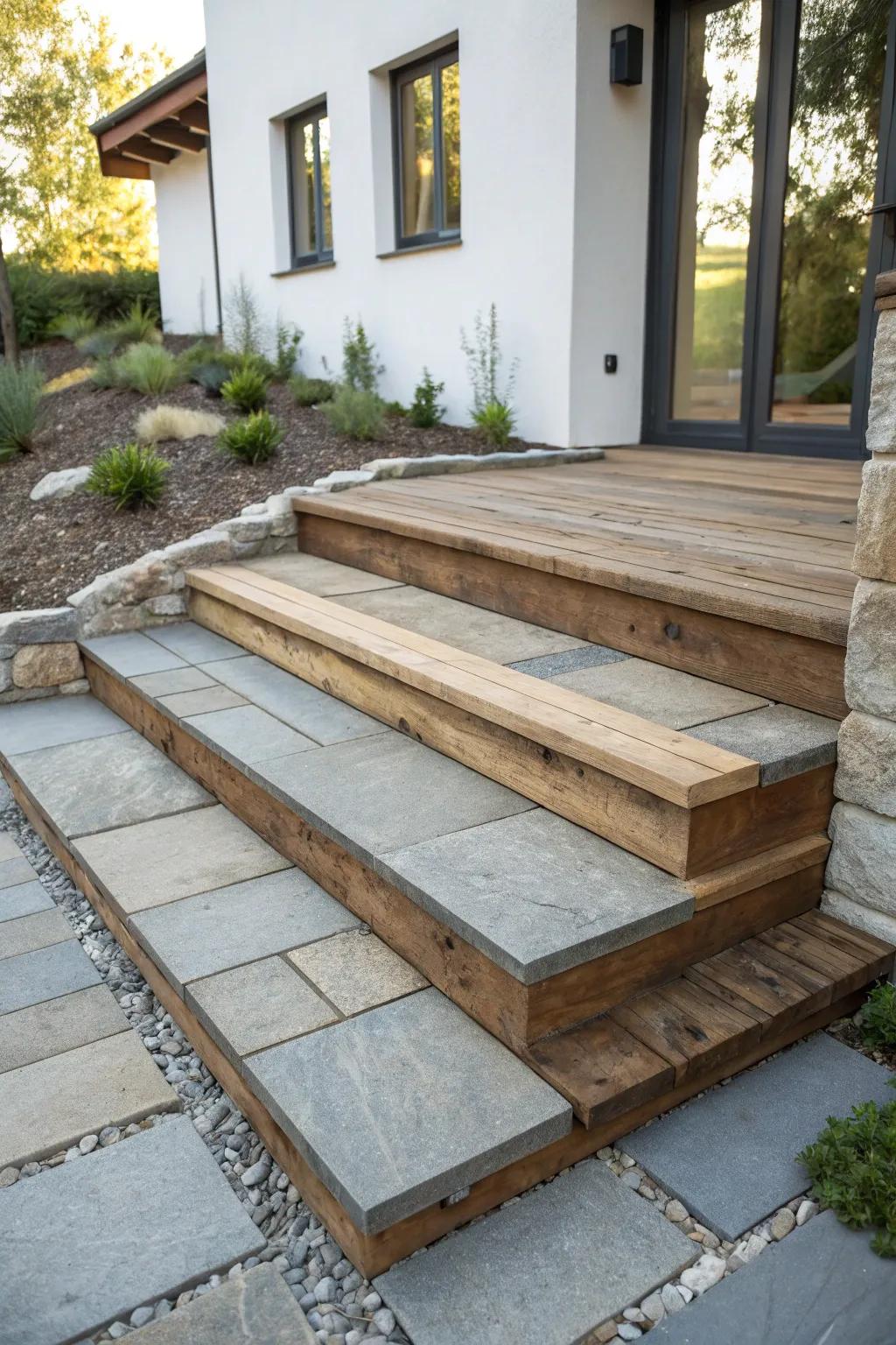 A blend of materials adds depth and interest to small steps.