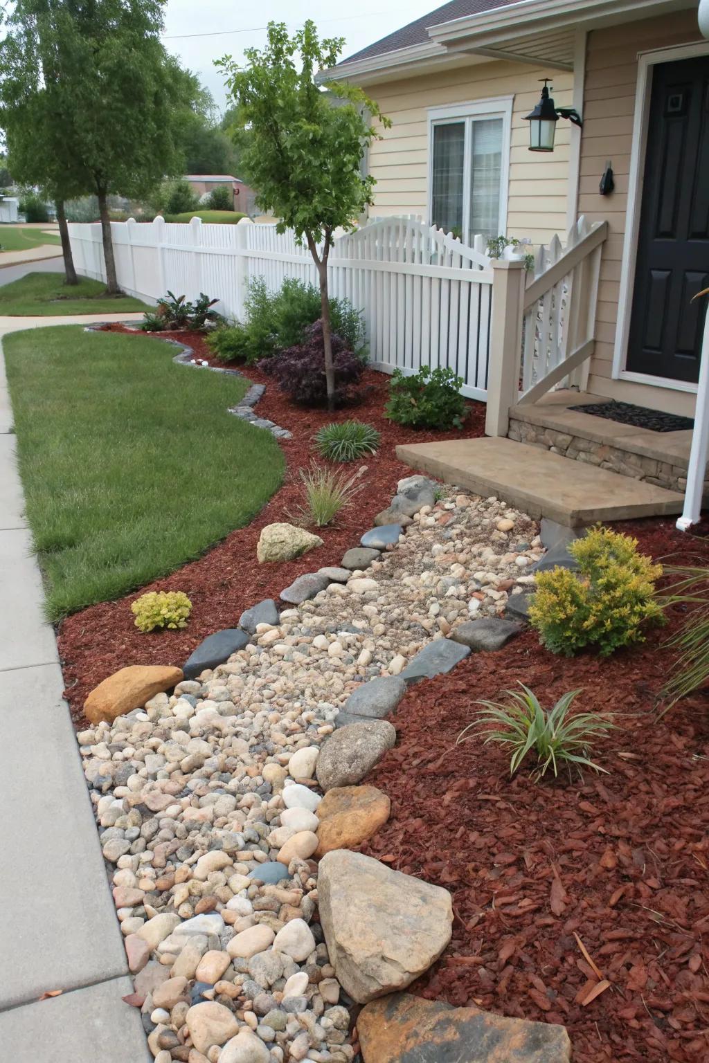 Achieve low-maintenance beauty with decorative mulch and stones.