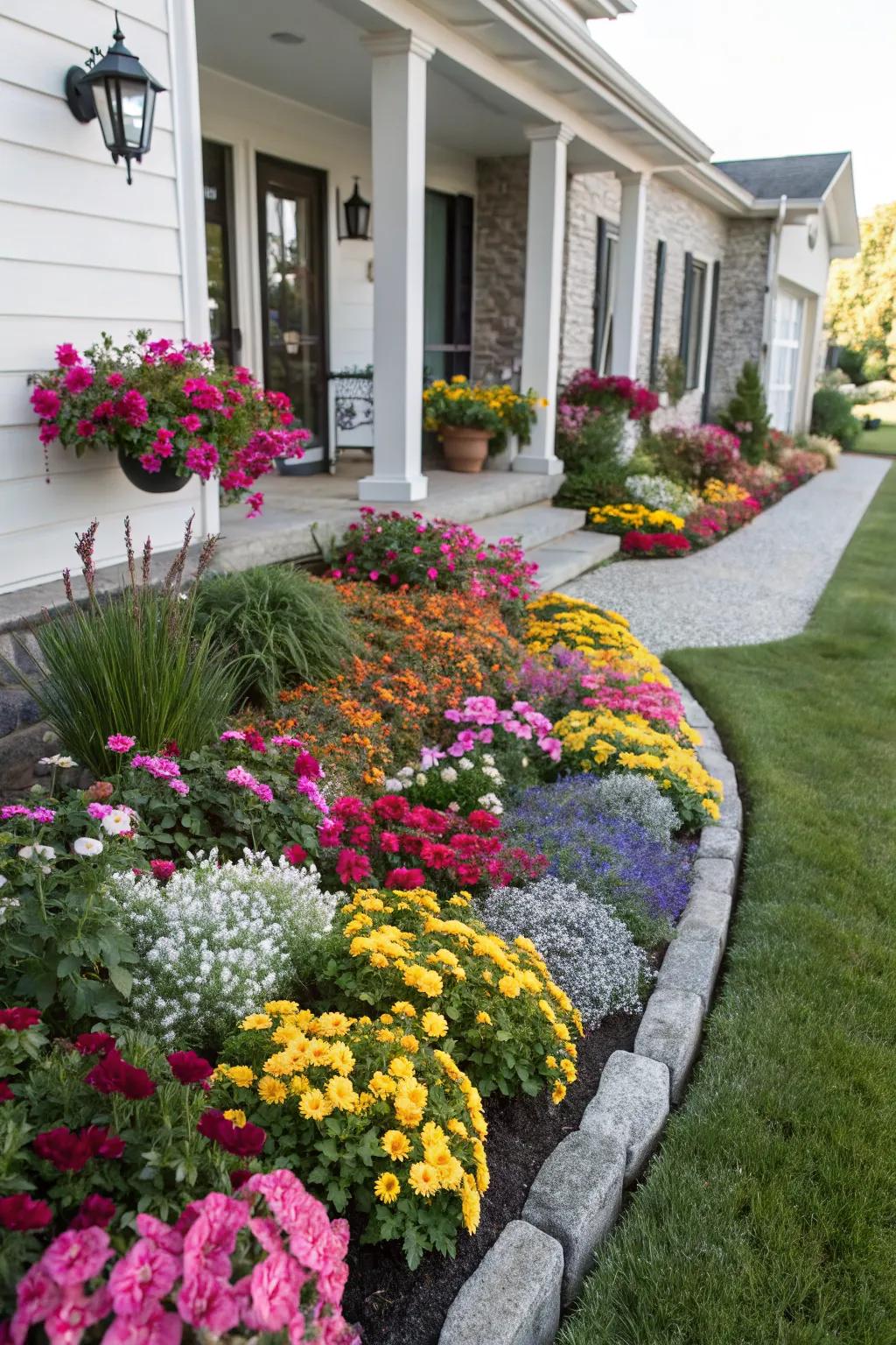 Symmetry brings order and elegance to a front yard flower garden.