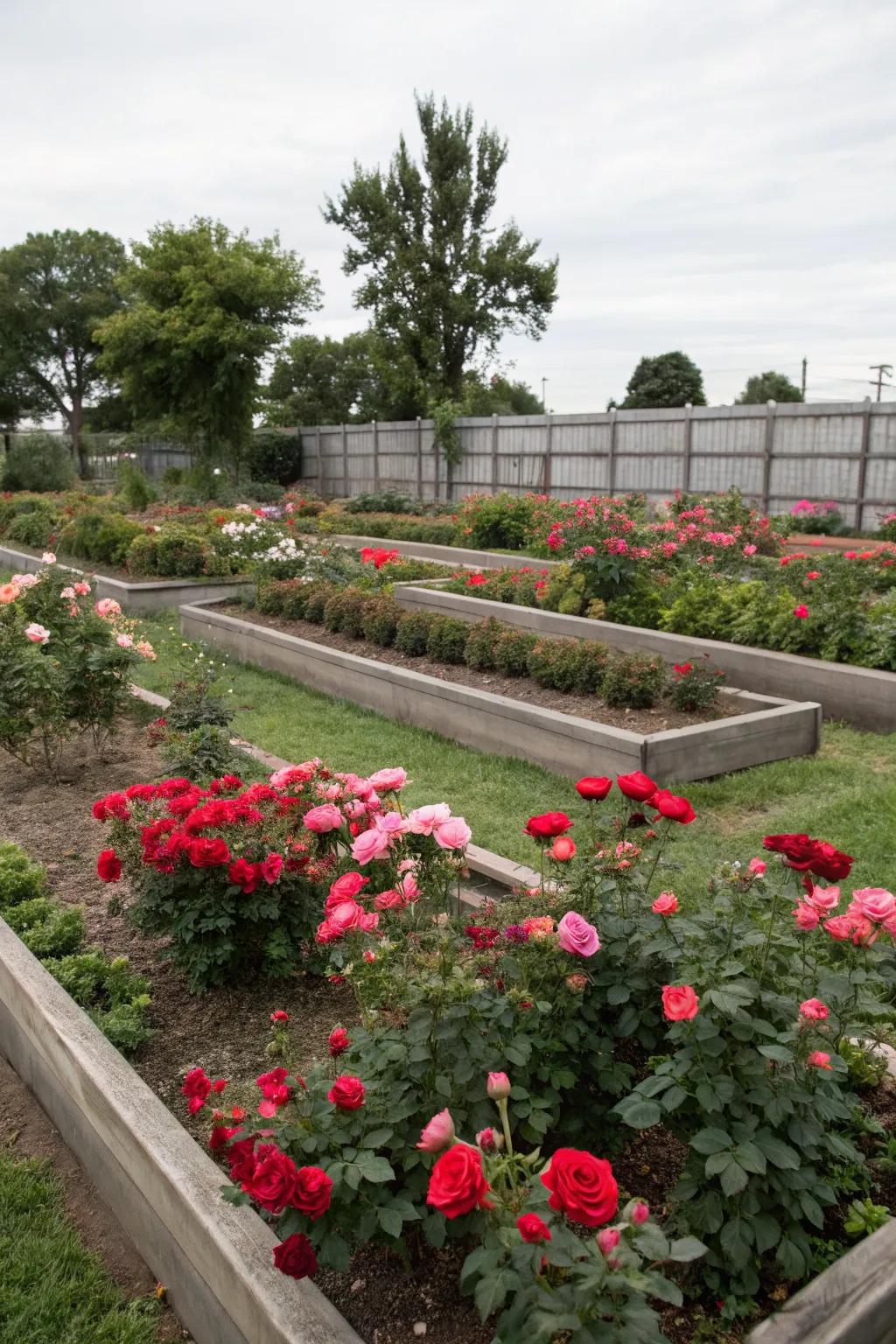 Neatly arranged raised beds filled with vibrant roses.