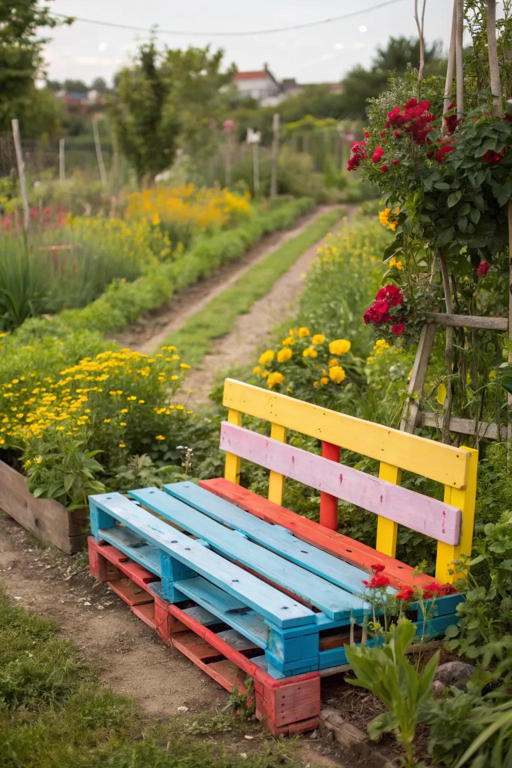 Creative DIY pallet bench adding charm to a colorful garden.
