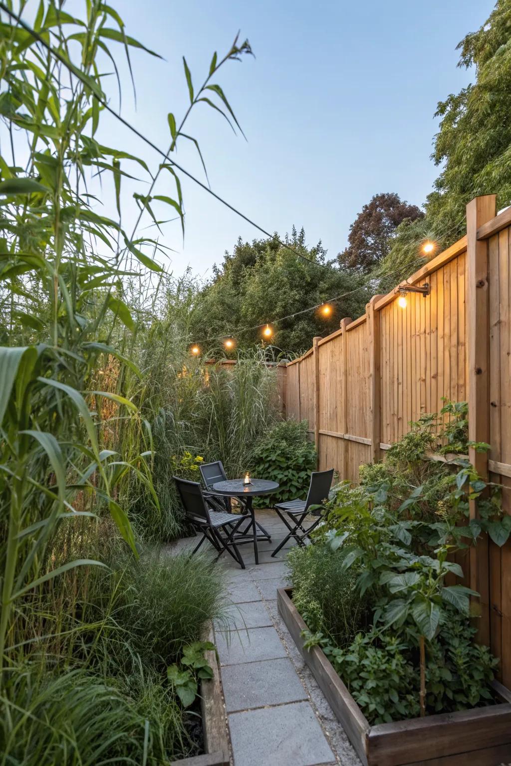 Tall plants and fences offer privacy in small garden settings.