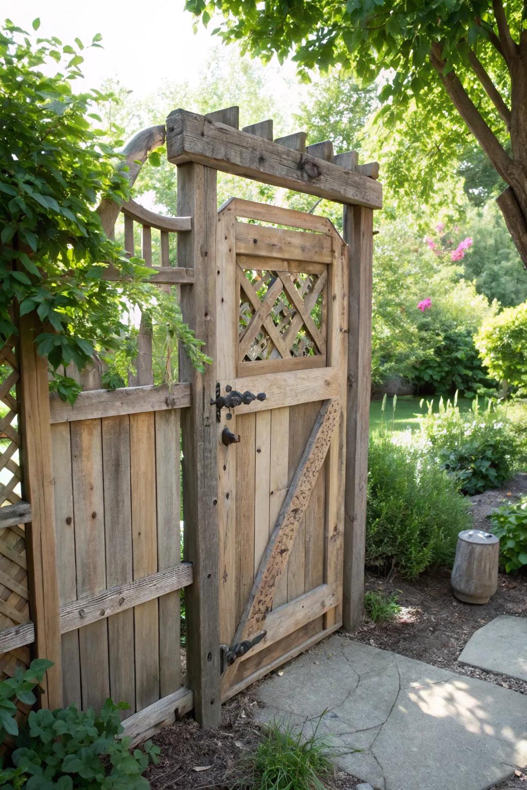 A DIY garden gate crafted from reclaimed wood.