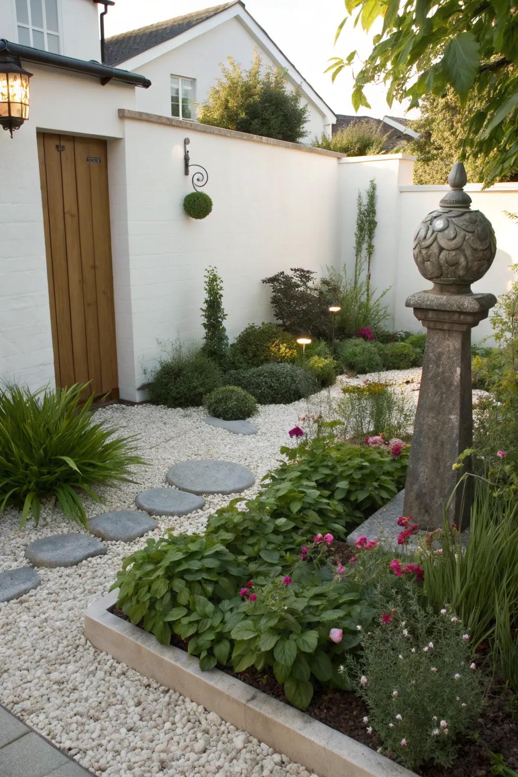Sculptures bring an artistic touch to gravel gardens.