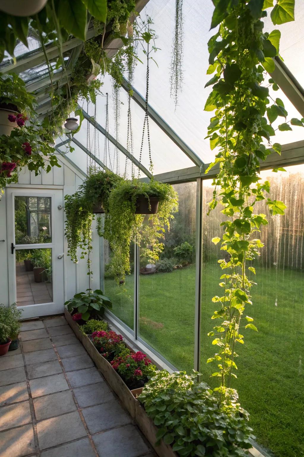 A creative hanging garden greenhouse making the most of vertical space.