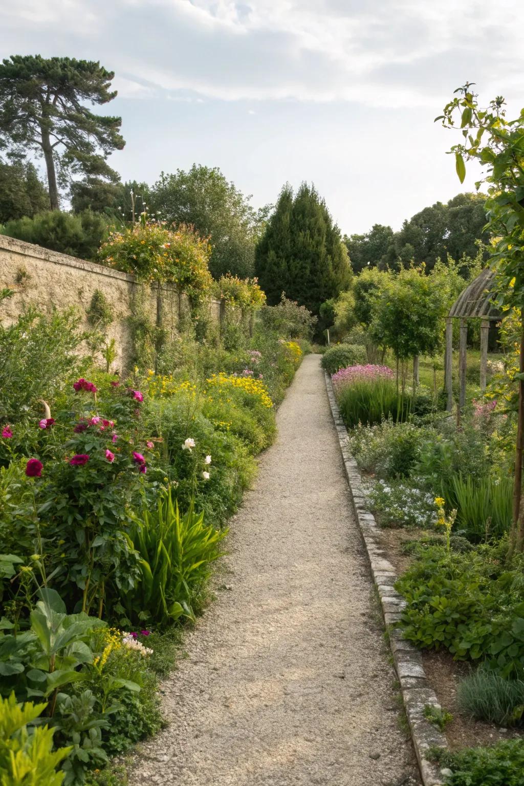 A gravel pathway lined with greenery adds structure to the garden.