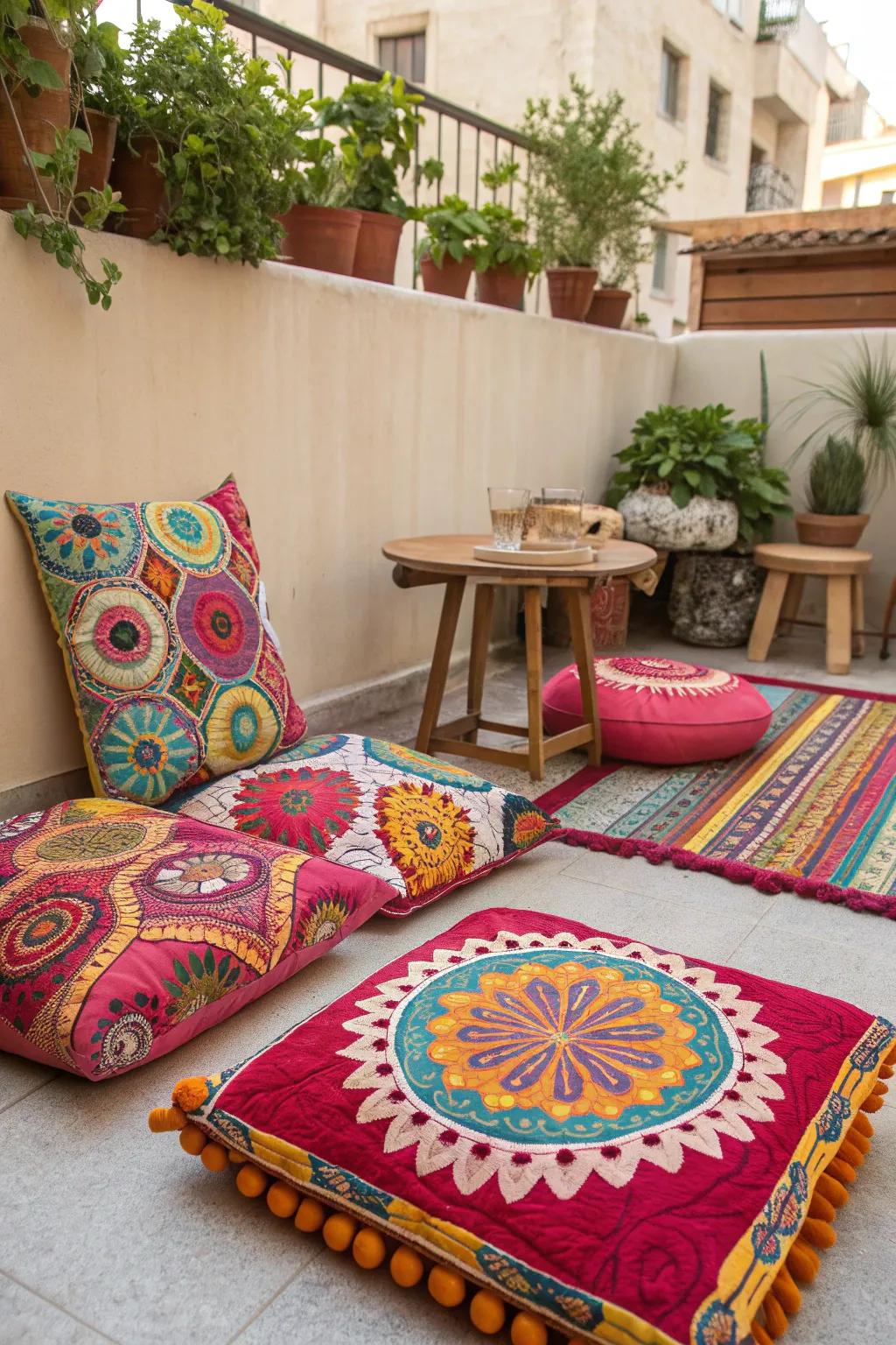 Patterned textiles adding vibrancy to a small patio.