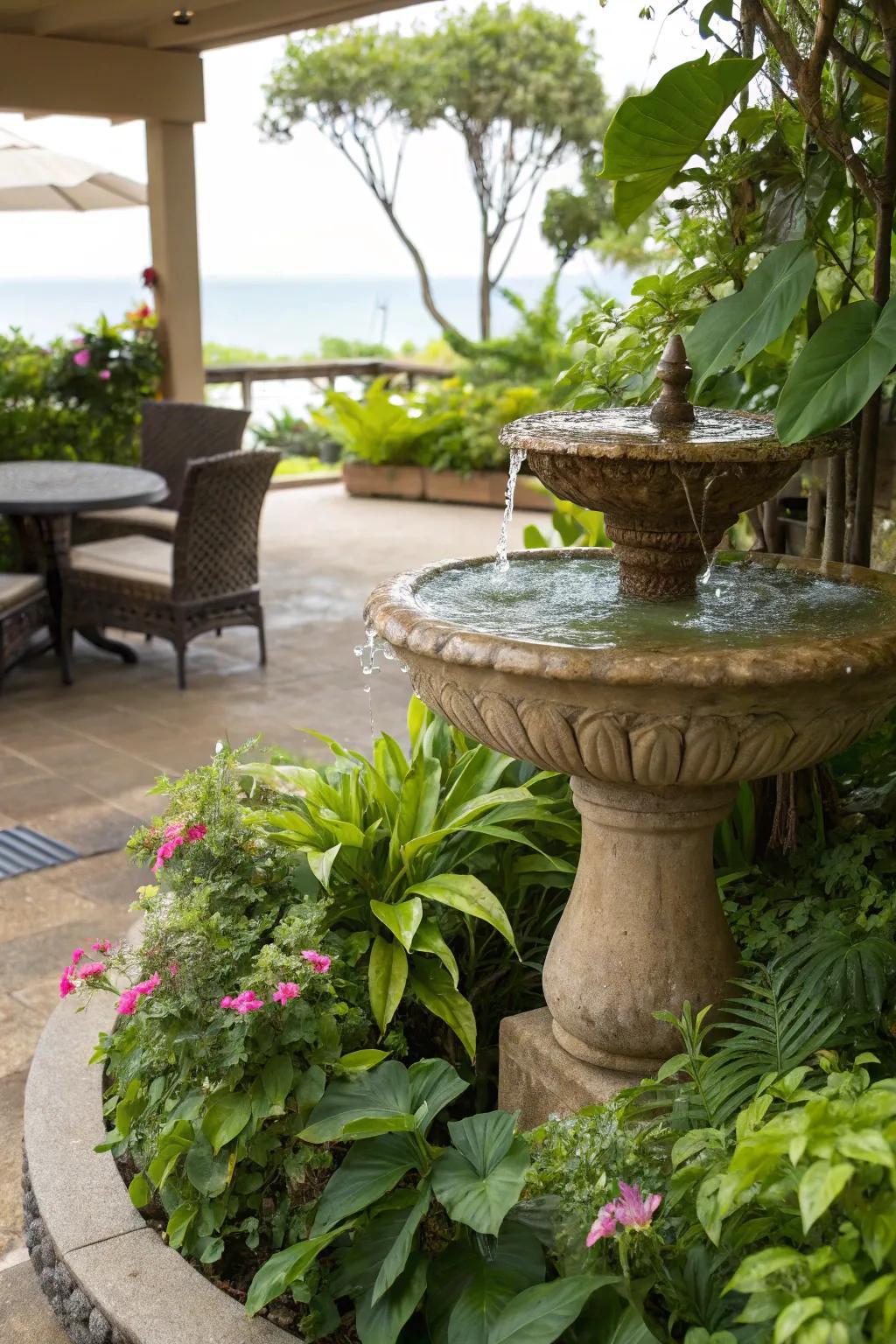 A water feature adds soothing sounds to your patio.