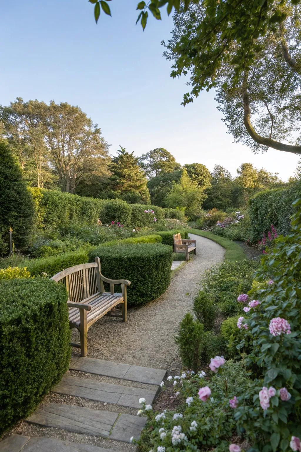 A peaceful seating area integrated into a garden path.
