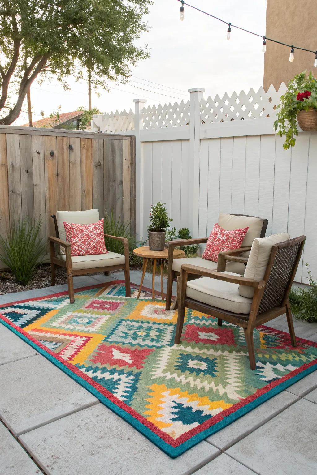 An outdoor rug adds color and defines the patio space.