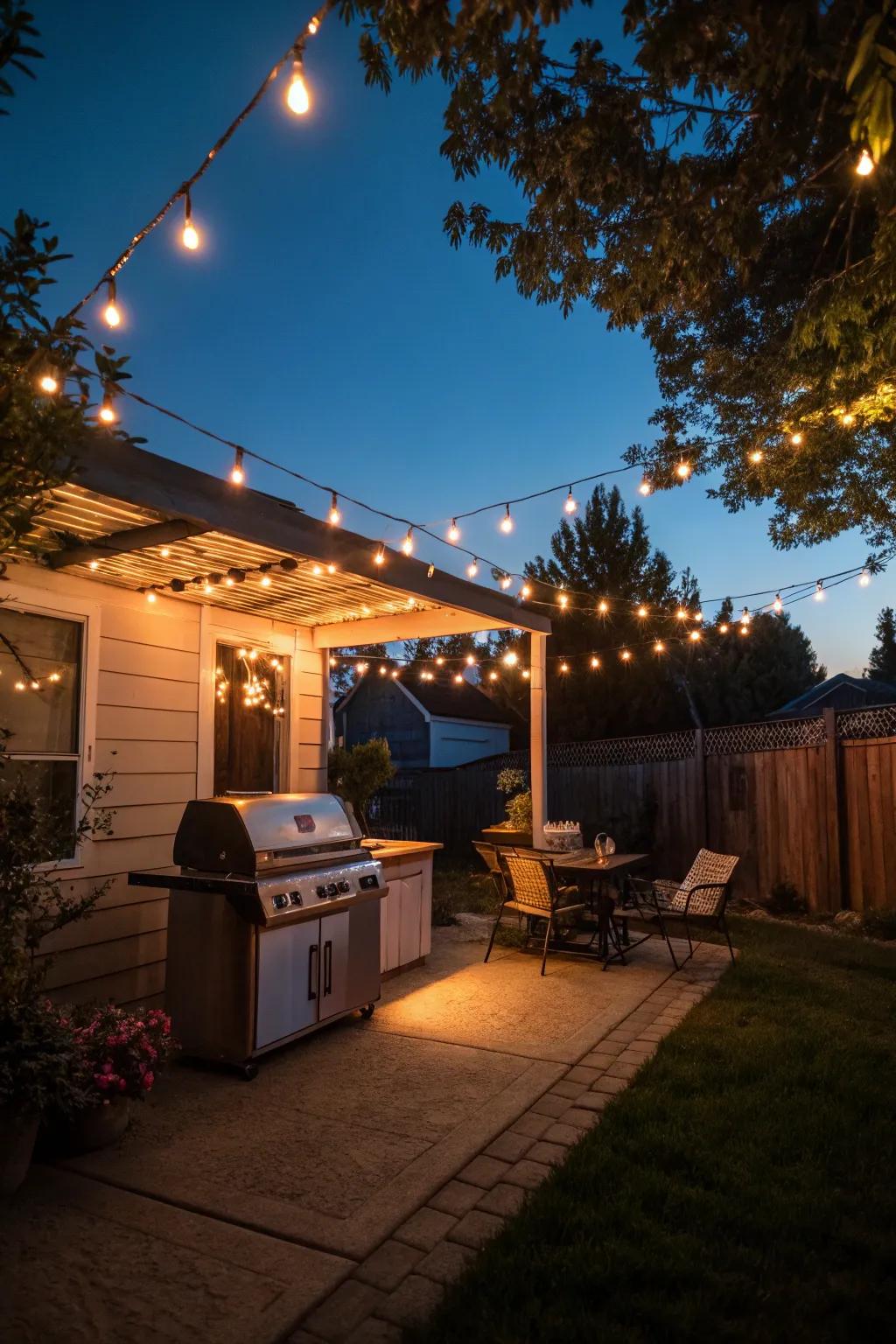 An outdoor BBQ setup beautifully lit by string lights for evening ambiance.