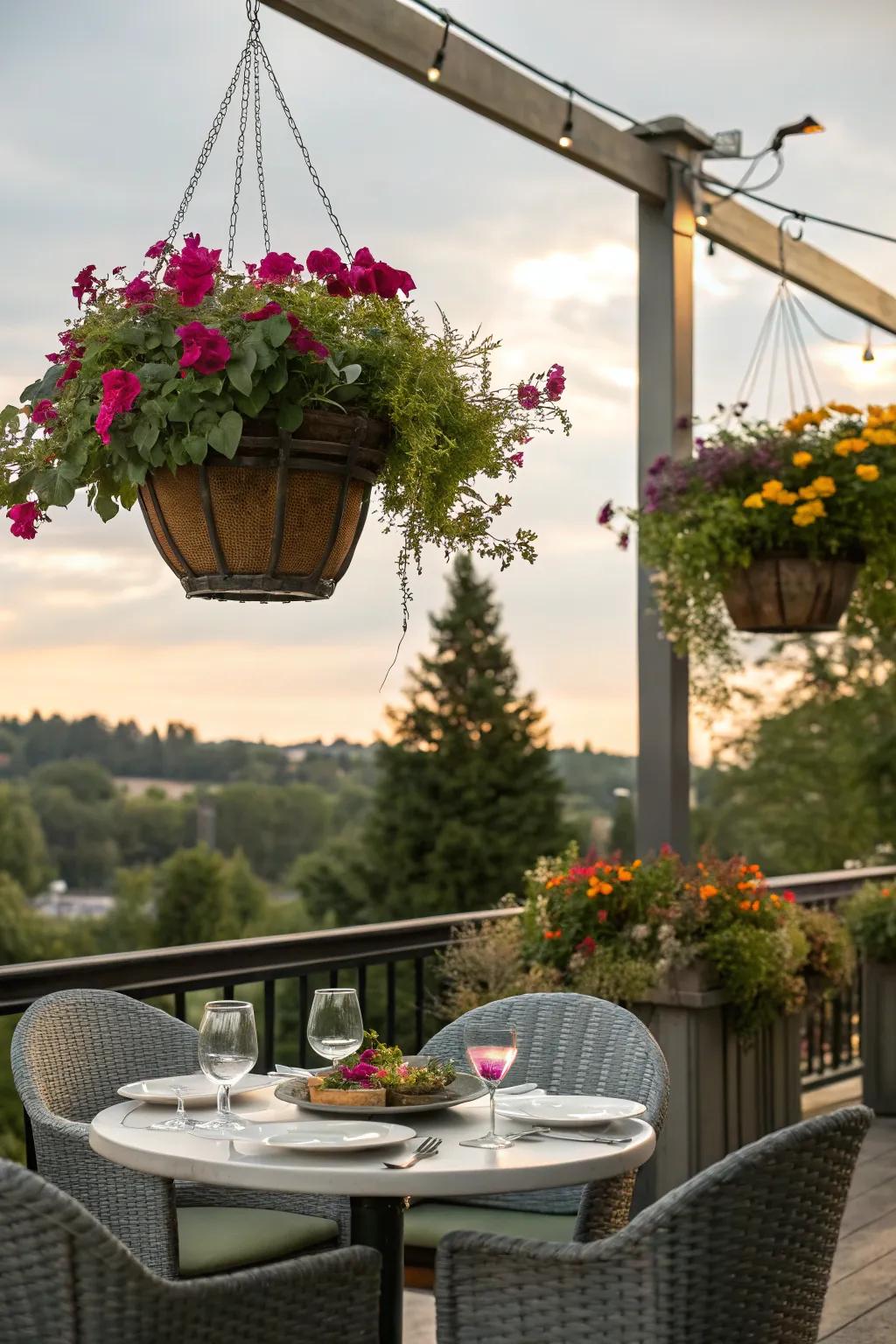 Hanging planters add greenery and color to small spaces without compromising floor area.