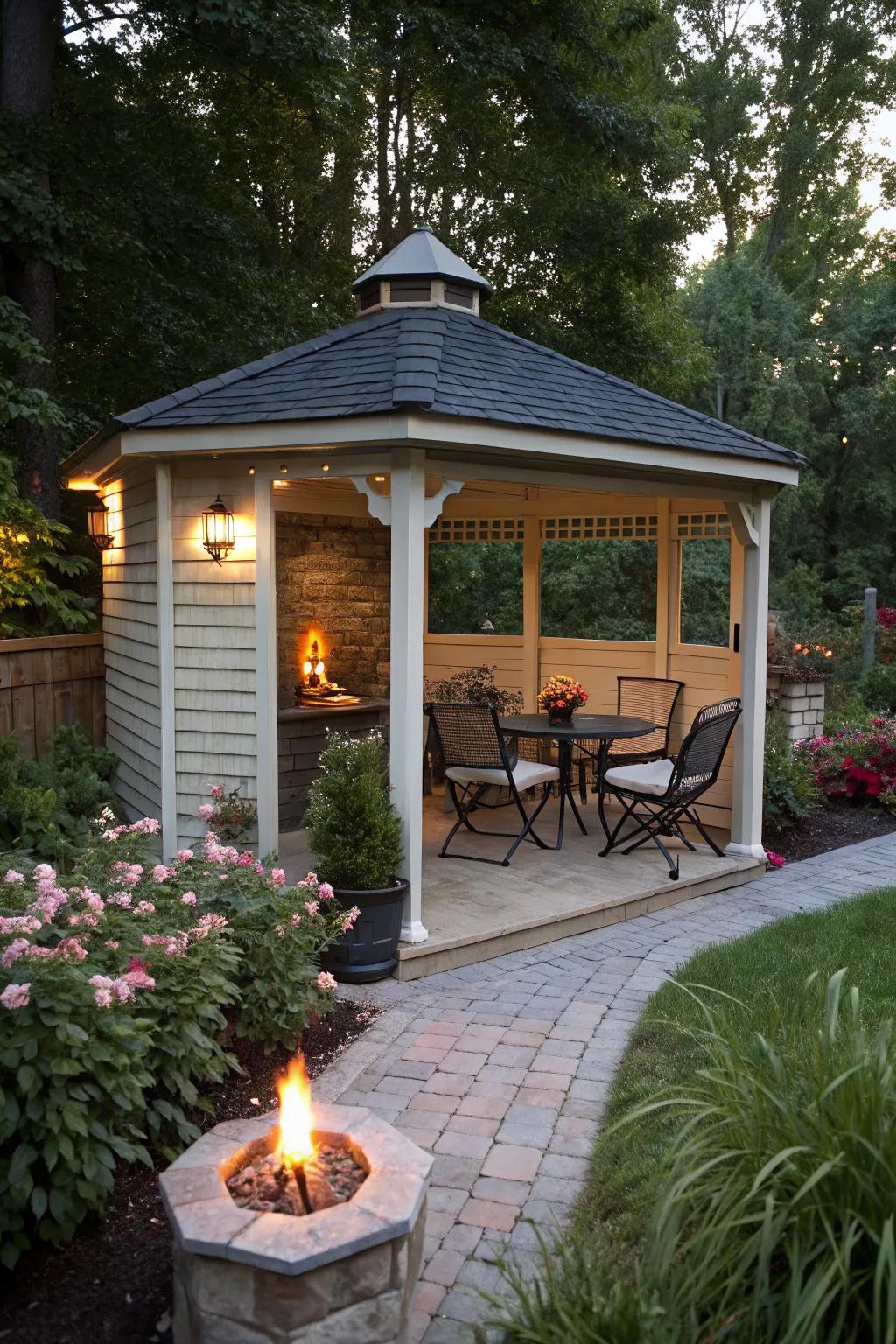 Multi-use space with a dining area and fire pit in a small patio gazebo.