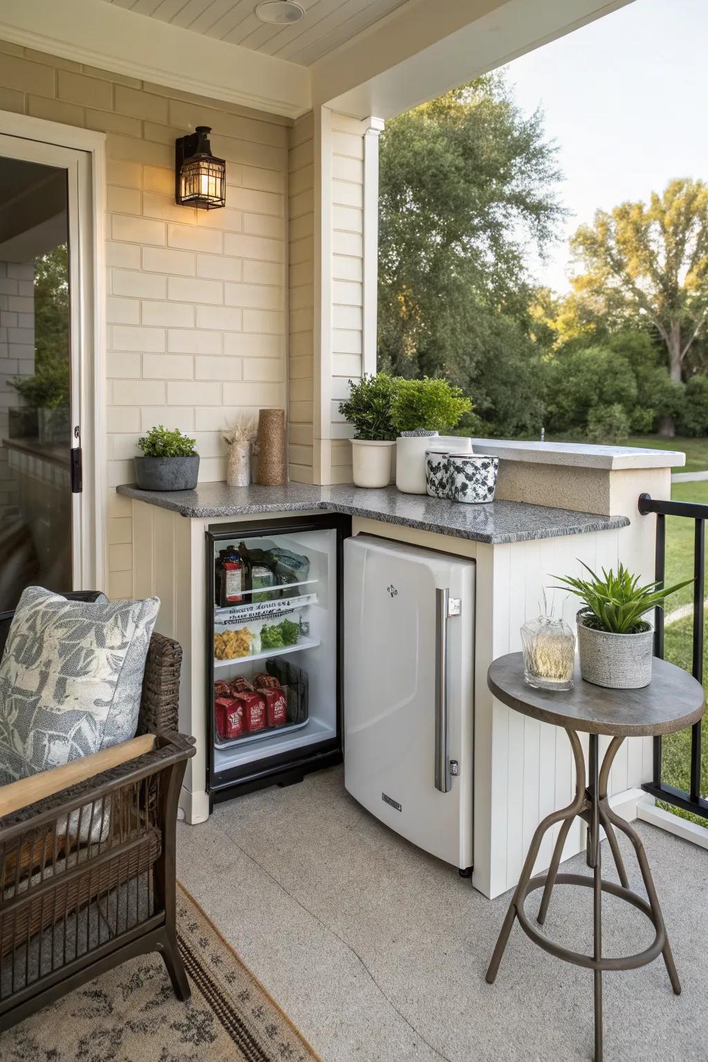 A handy mini-fridge tucked under a patio counter.