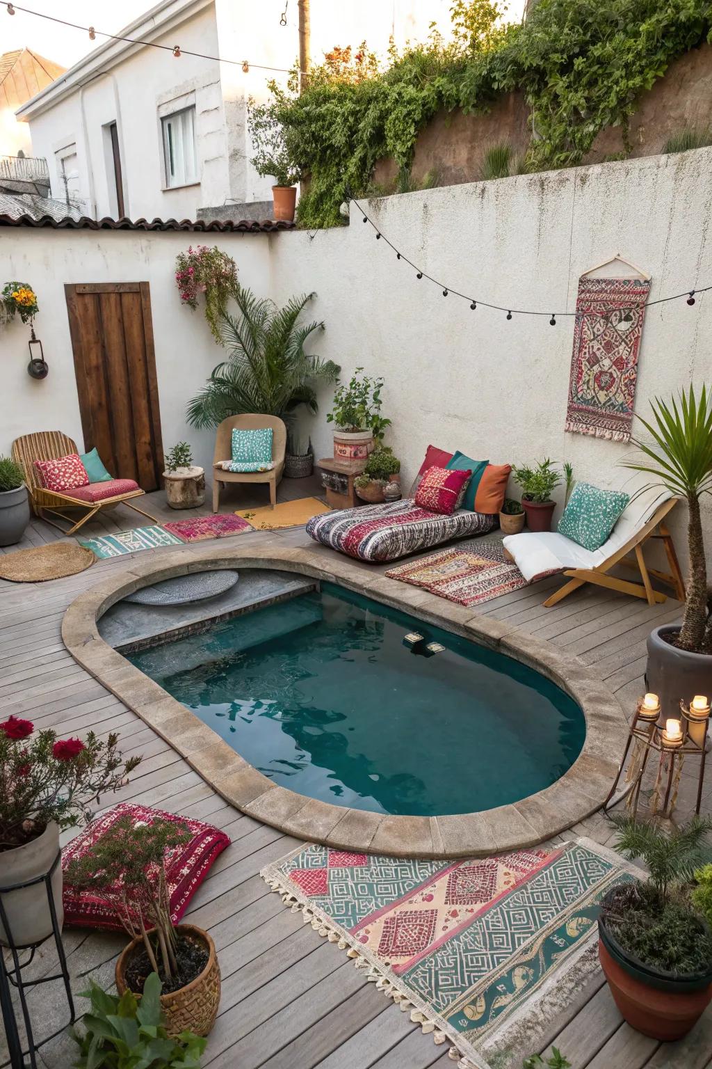 A creatively shaped pool adds charm and uniqueness to a small patio.