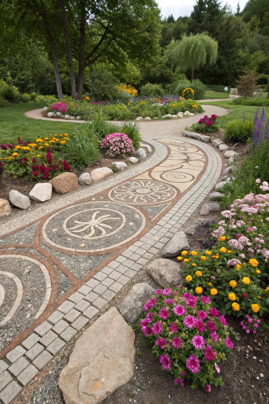 Craft intricate pebble patterns for a stunning garden focal point.