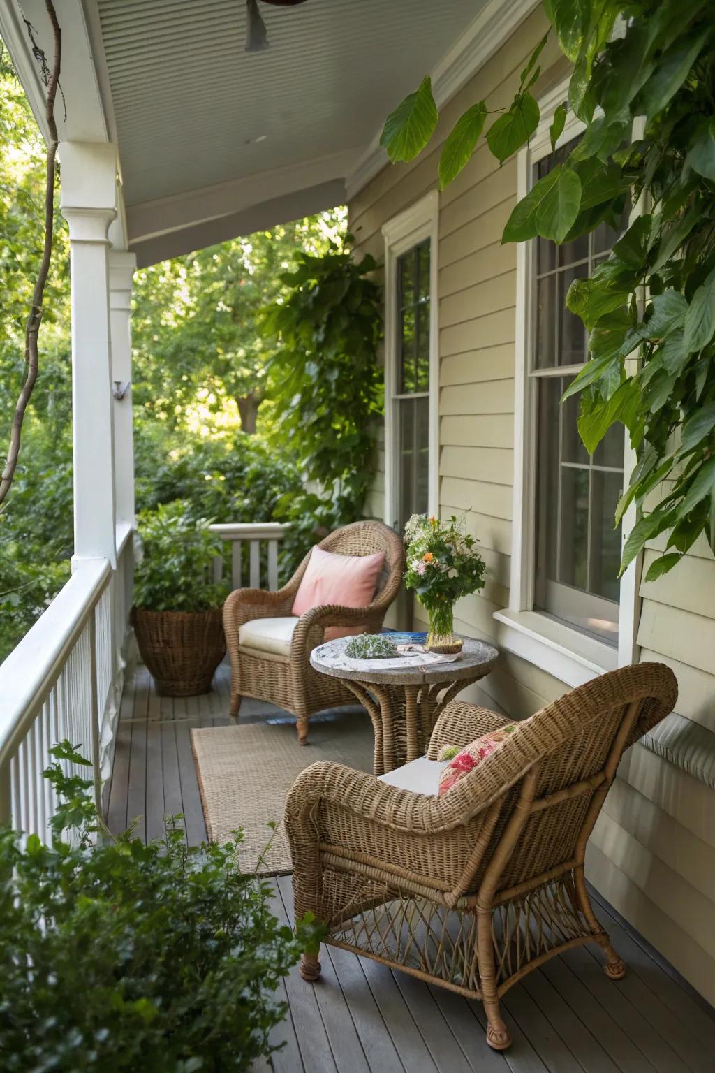 Wicker furniture adds a touch of natural elegance to your porch.