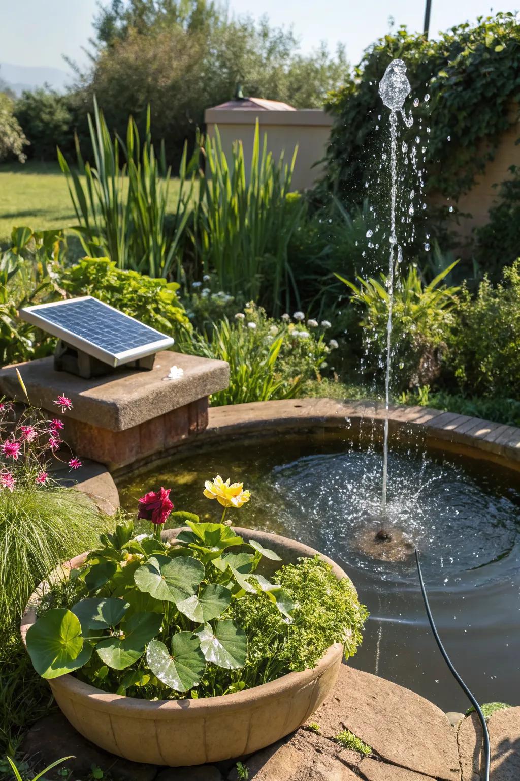 A solar-powered fountain adds a gentle sound to this eco-friendly pond.