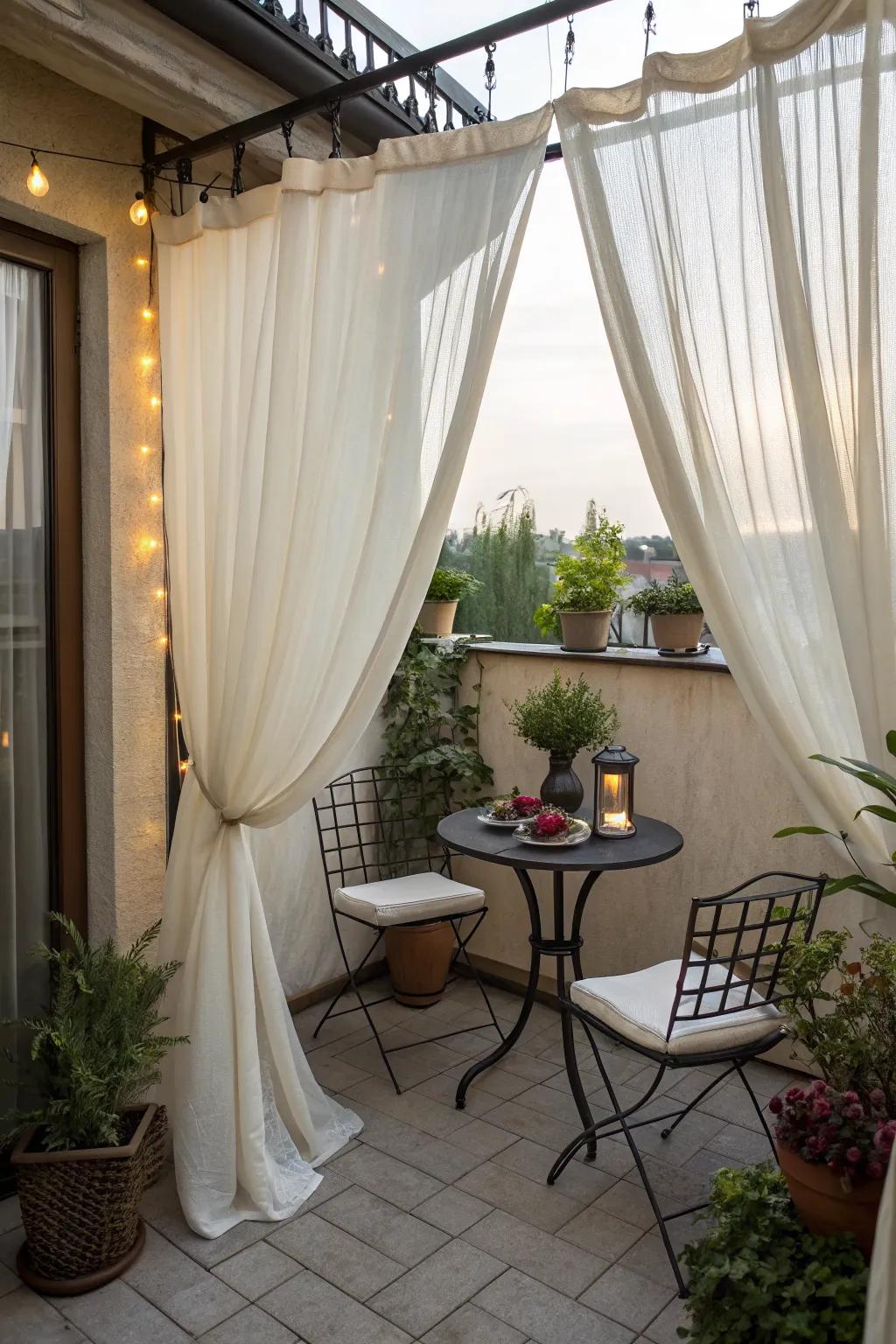 Graceful privacy curtains creating an intimate patio setting.