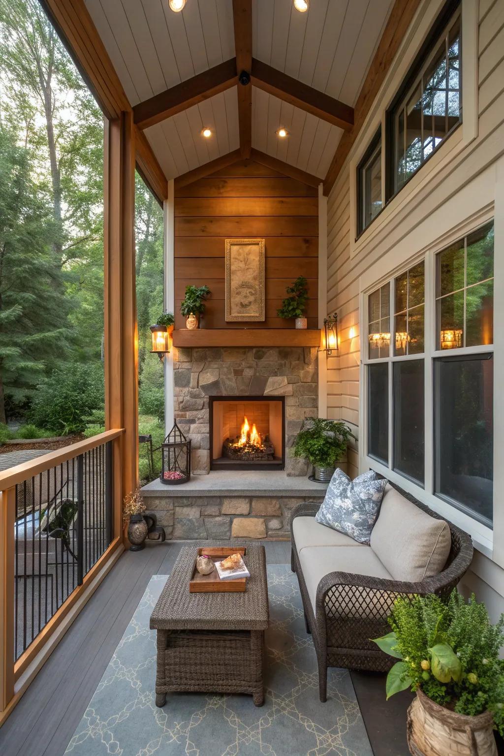 A double-sided fireplace enhances this porch's connection to the indoors.