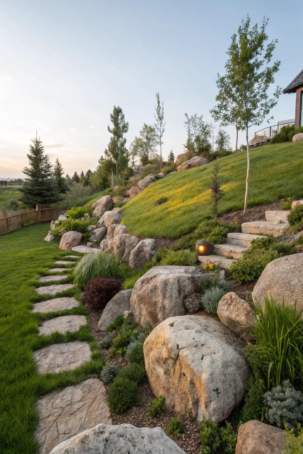 Natural rocks add stability and beauty to slopes.