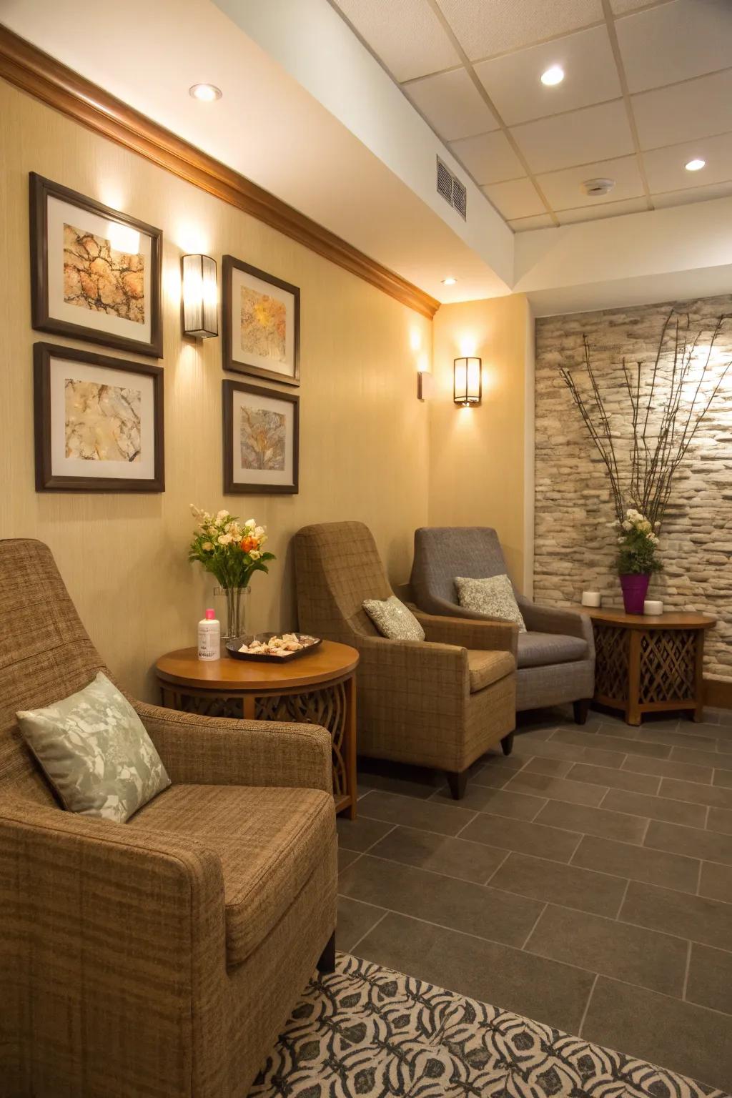 Cozy chairs and a small sofa make waiting a pleasure.