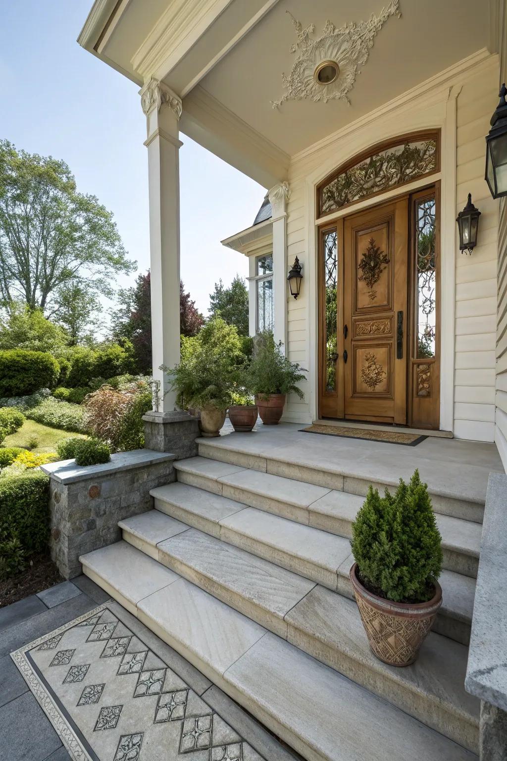 Elegant stone steps leading to a welcoming small porch.