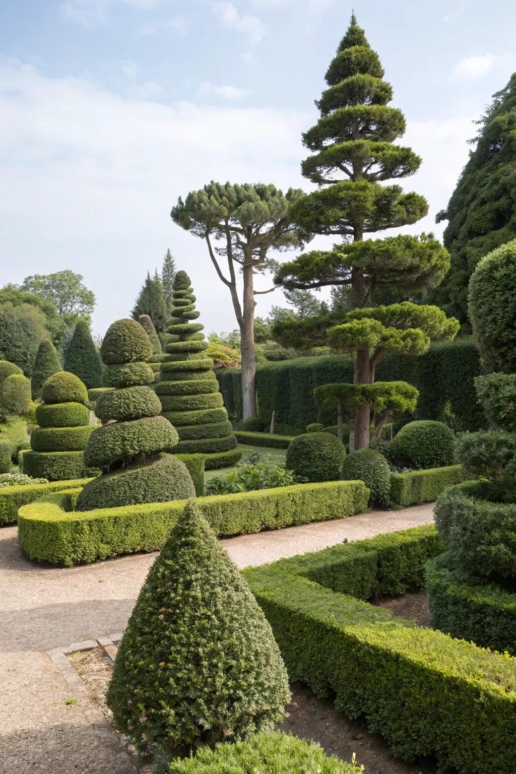 Layered topiary arrangements in a compact garden.