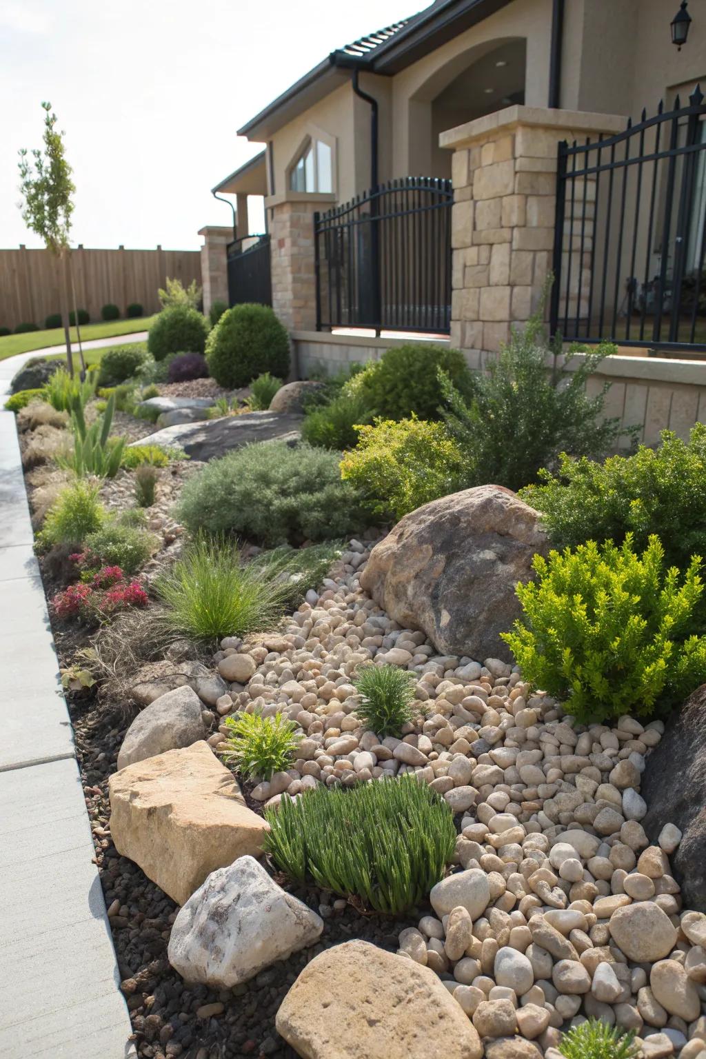 A townhouse front garden with an artistic rock garden filled with stones and hardy plants.