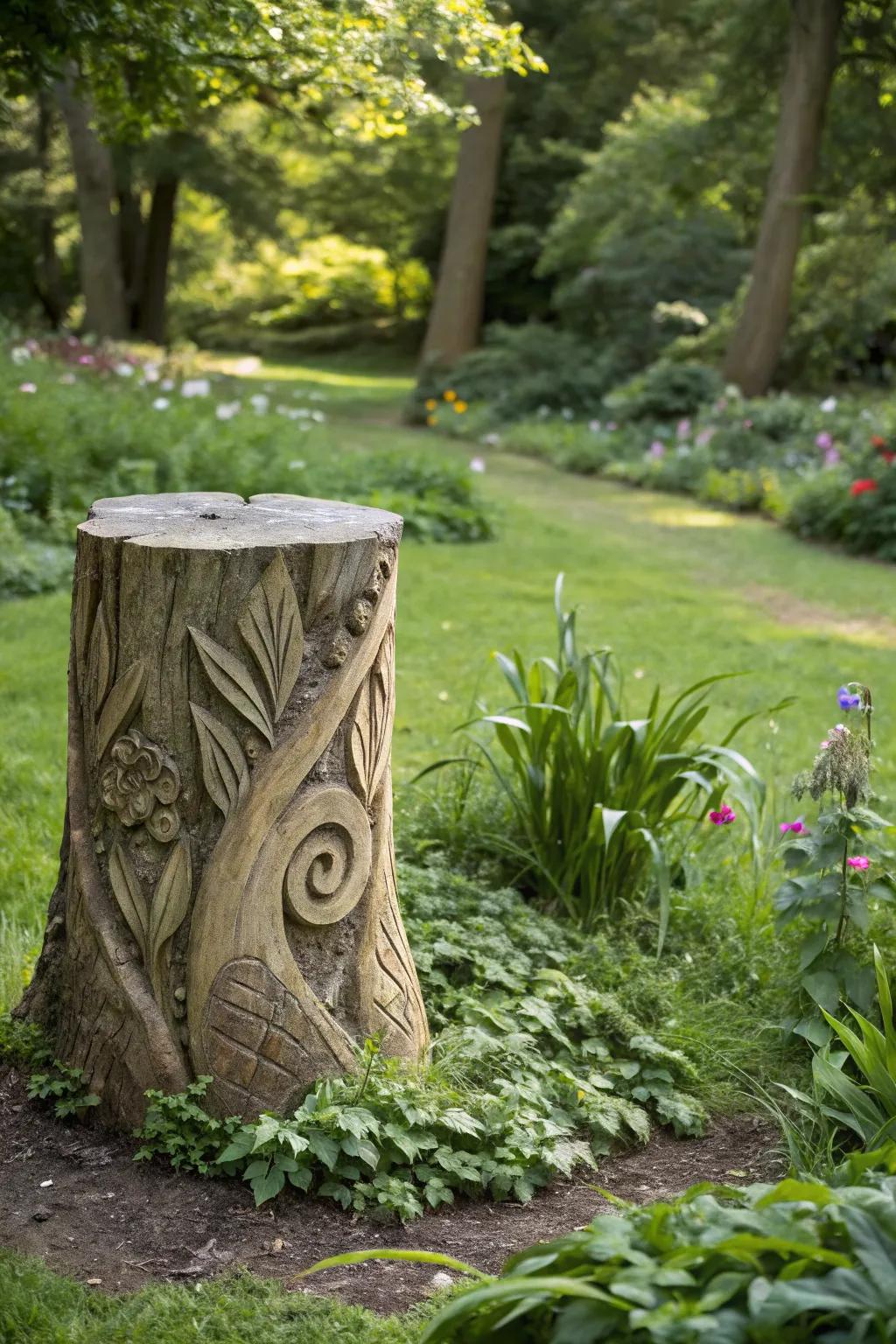 Abstract carvings on a small tree stump make for a unique garden sculpture.