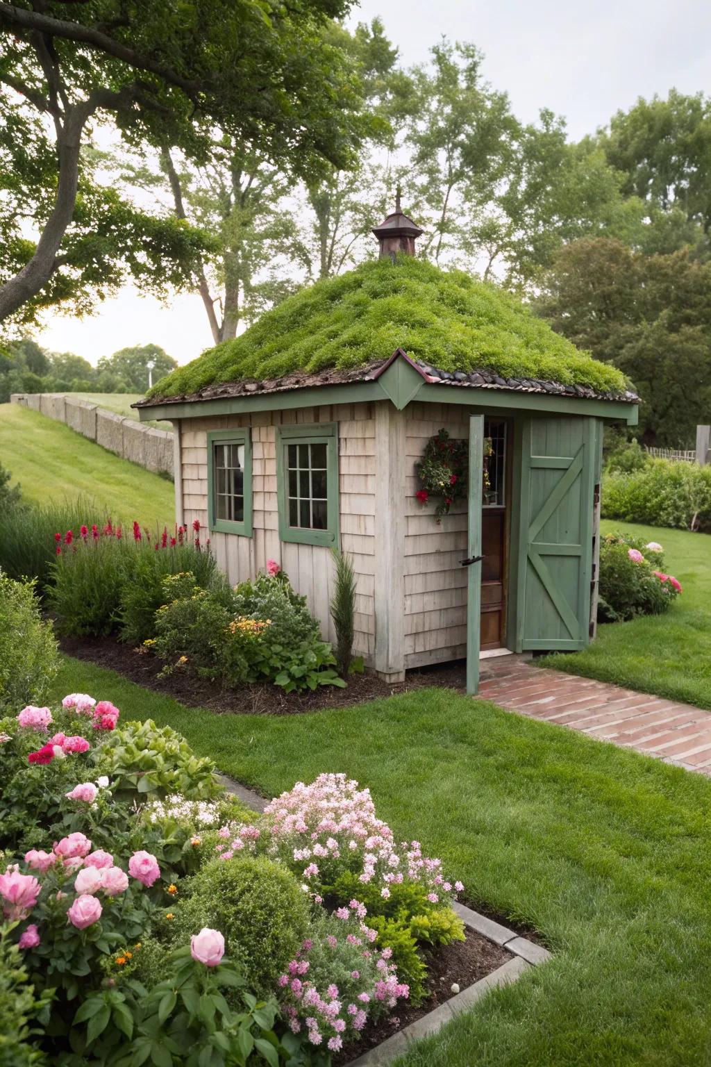 A small shed with a vibrant green roof adds extra greenery