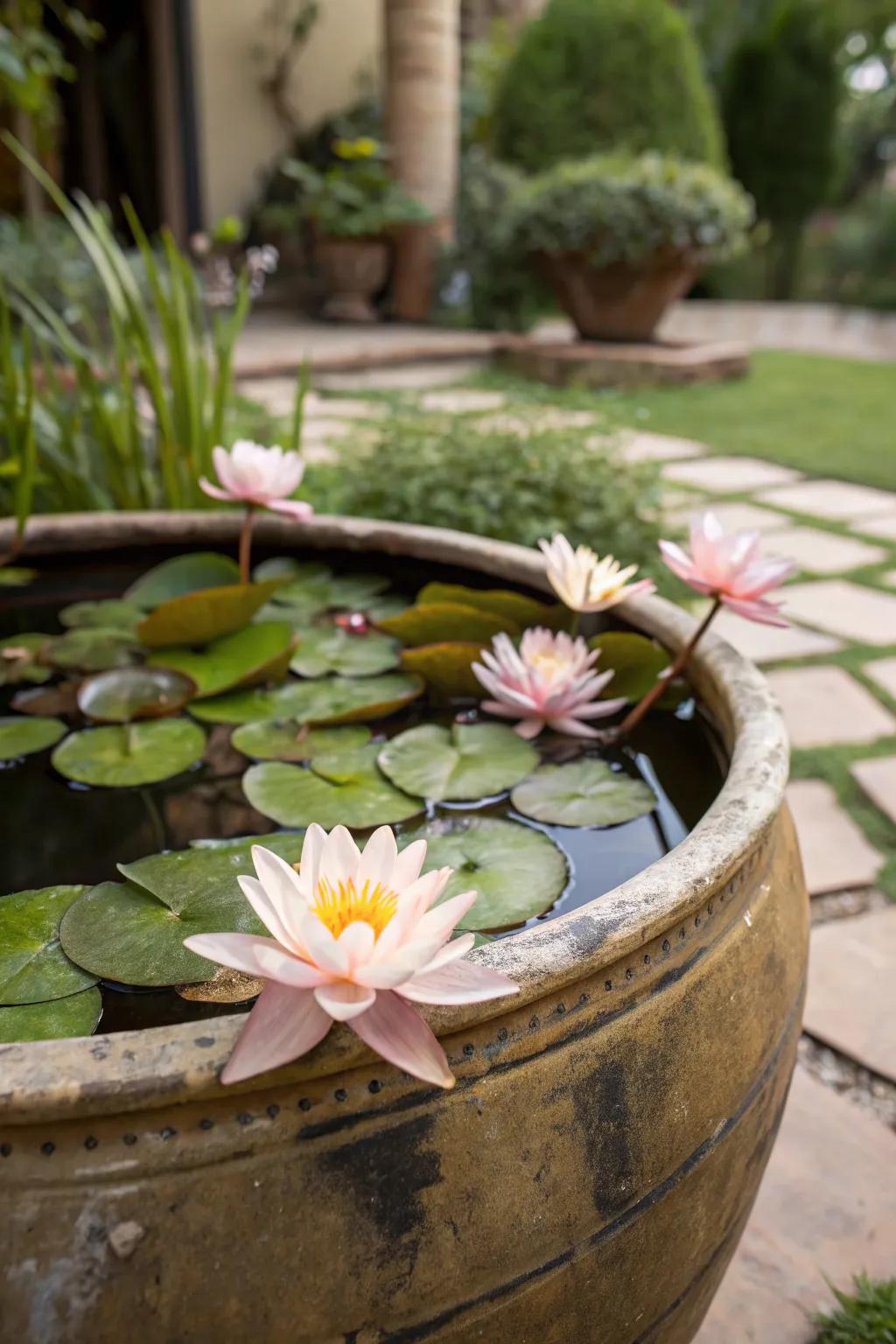 A serene patio pond featuring elegant water lilies.