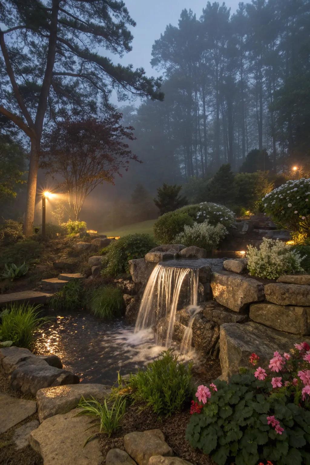 Bring your waterfall to life at night with subtle lighting.