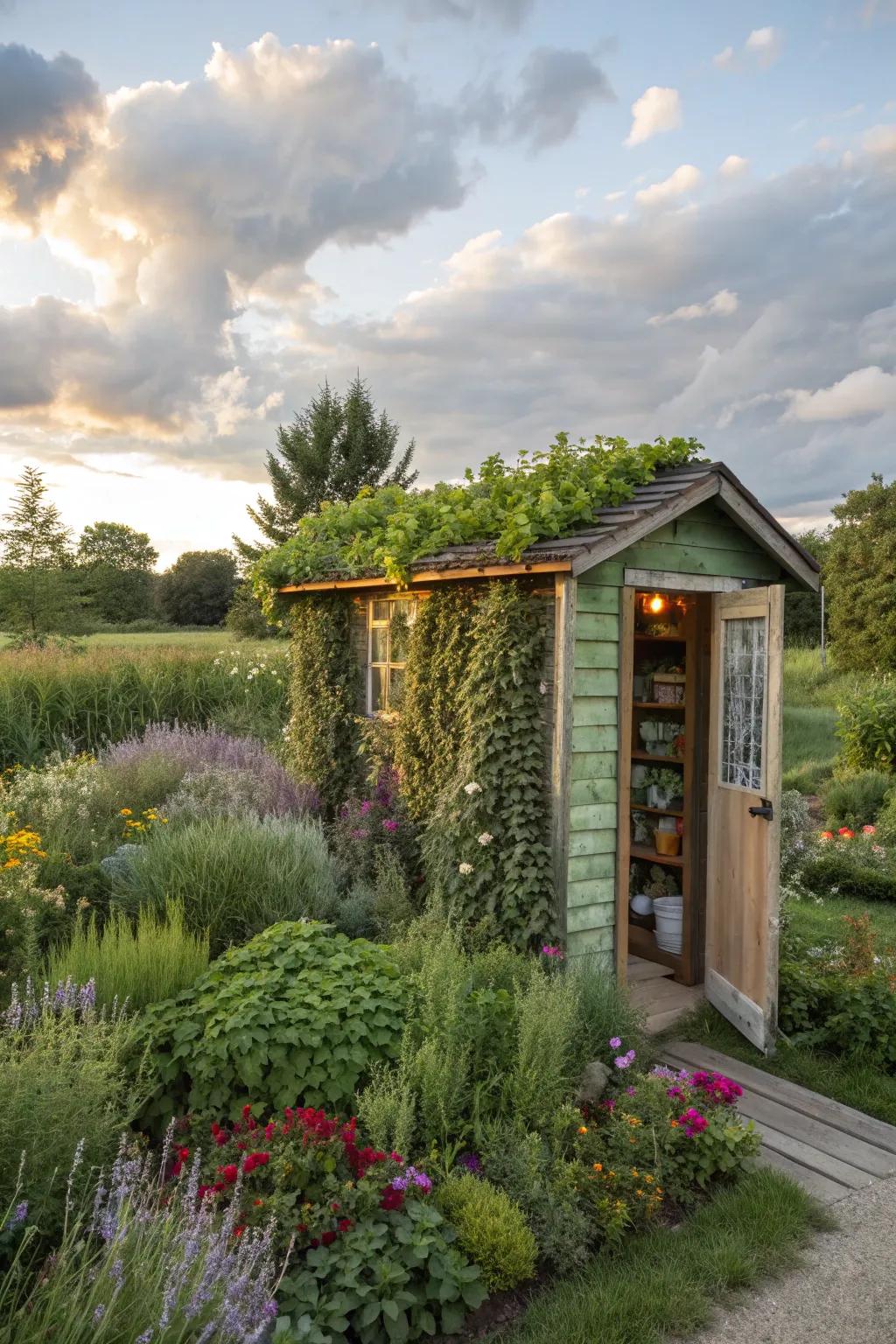 A garden-integrated smoker shack with living herb walls.