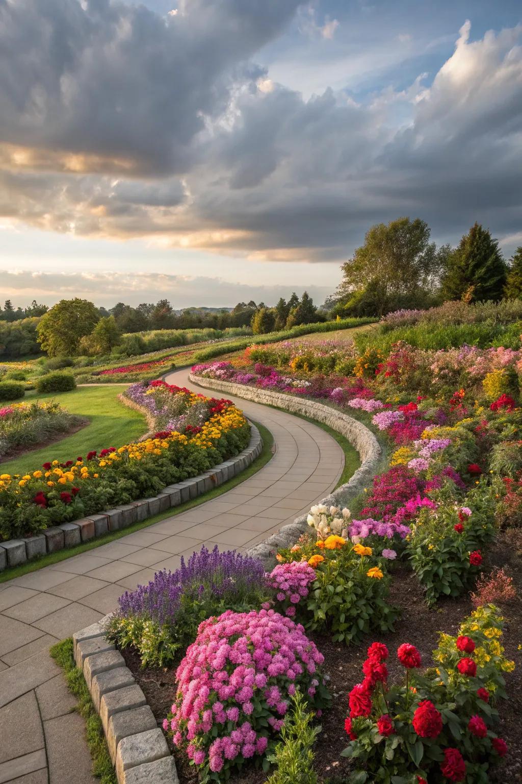 Curved flower beds add movement and softness to garden designs.