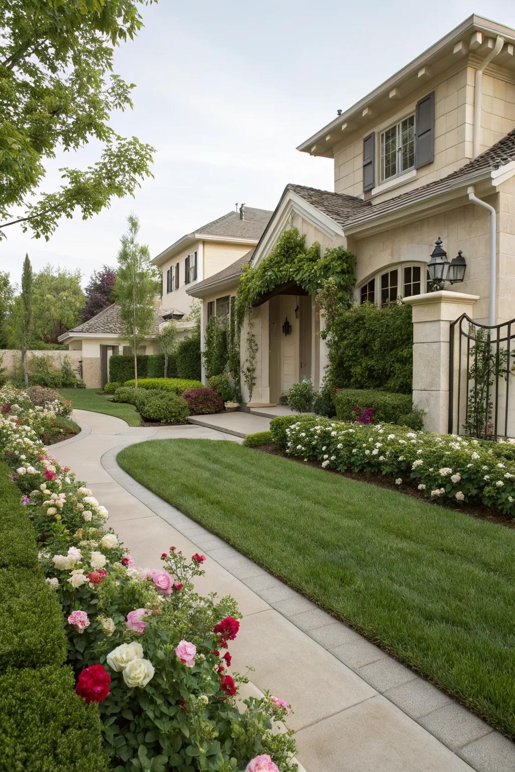 A front yard landscape that complements the home's architecture.