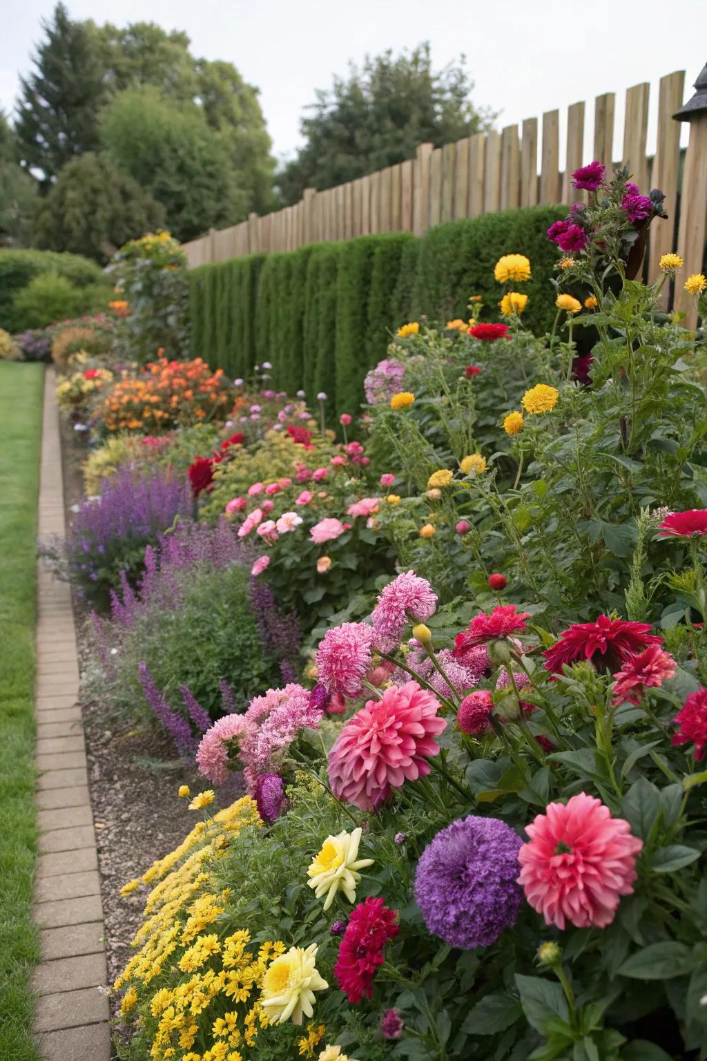 A garden bed brimming with vibrant, colorful flowers.