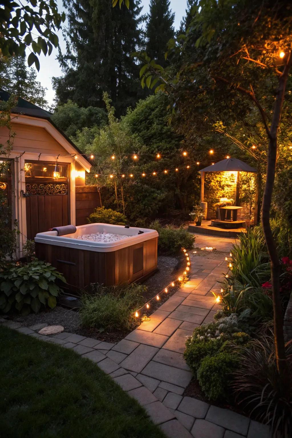 Ambient lighting enhances the evening spa experience.