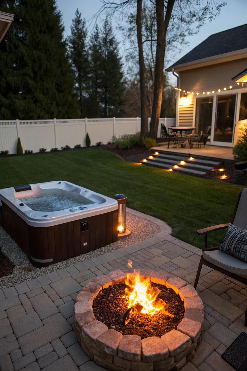 A fire pit adds warmth and atmosphere to the spa.