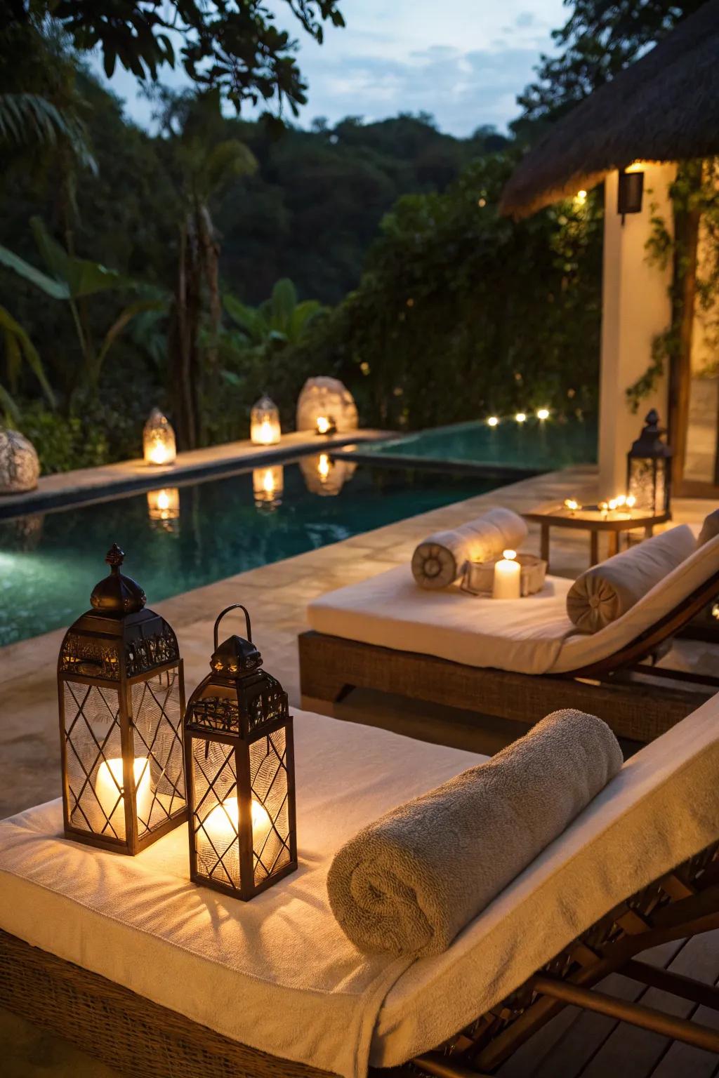 Ambient lighting creates a soothing nighttime spa experience.