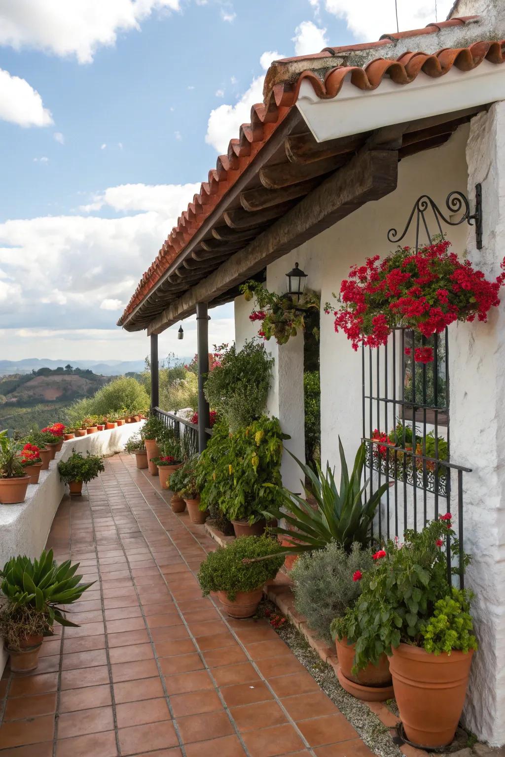 Lush greenery creates a vibrant, welcoming porch.