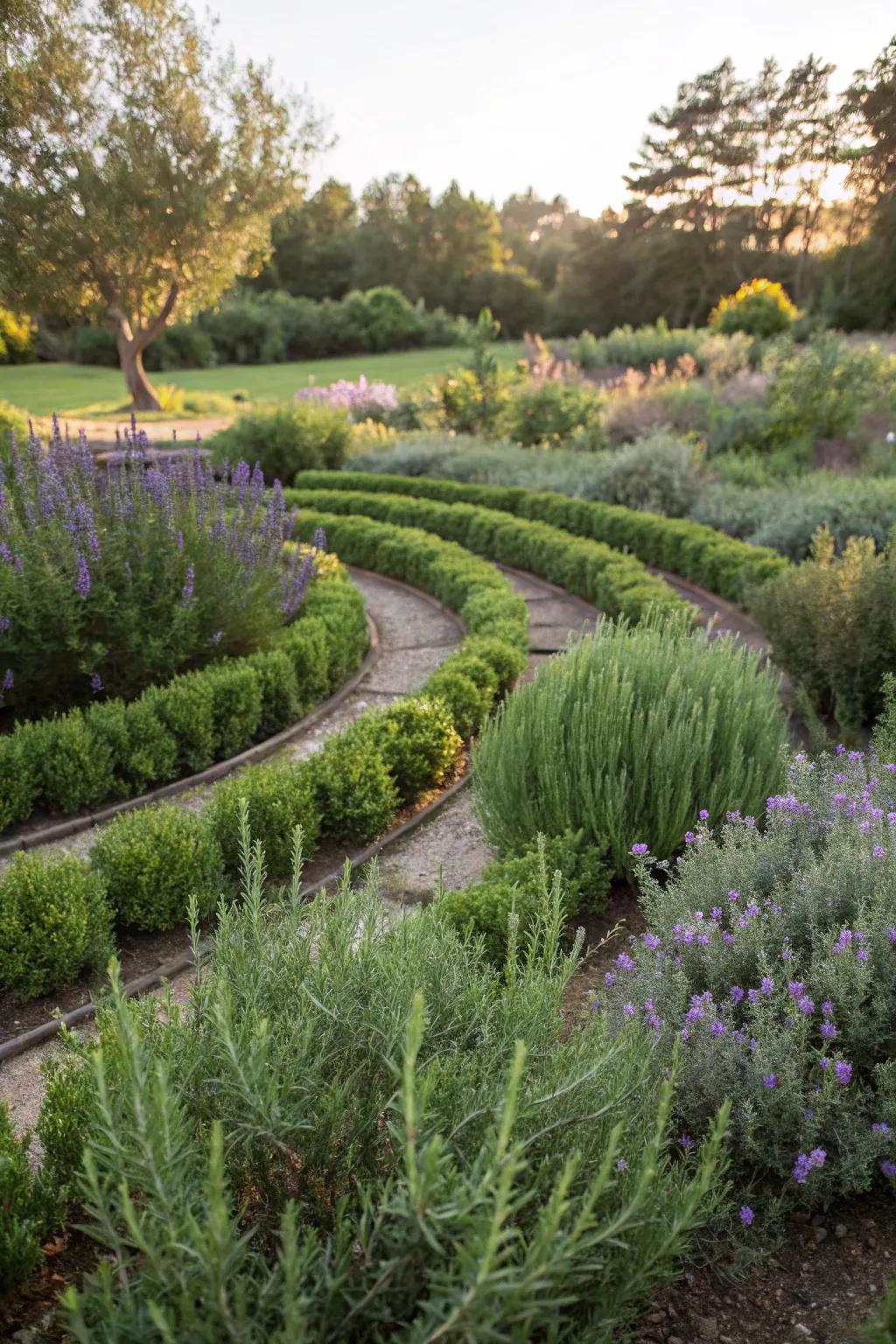 A spiral herb garden with calming scents.