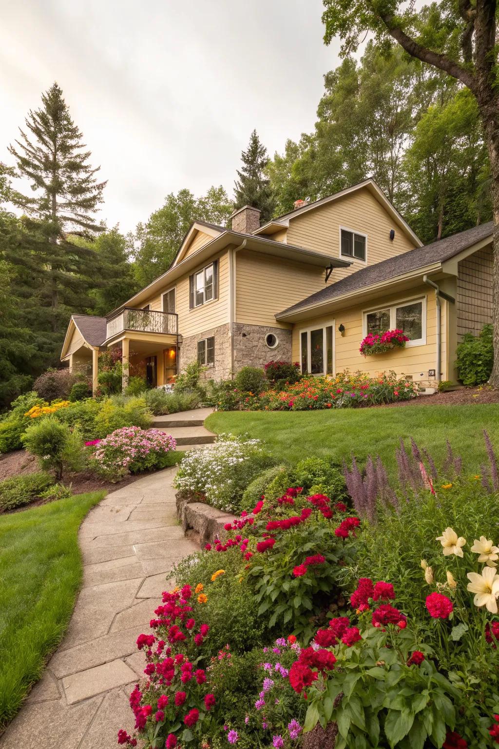 The warm beige of this split-level home integrates beautifully with its lush garden.