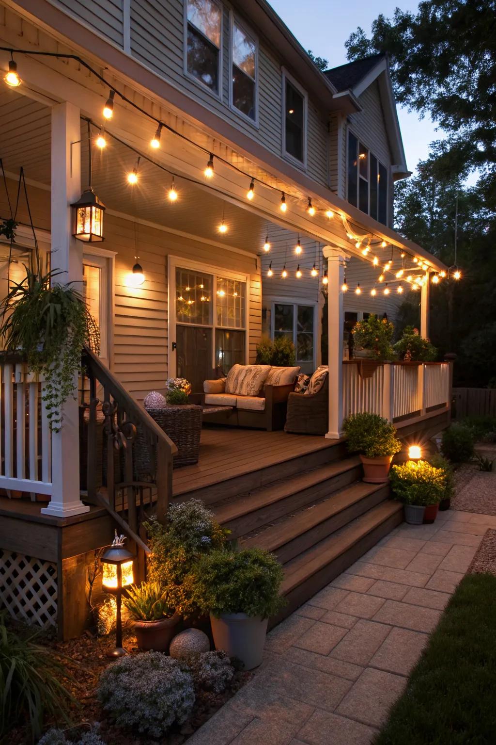 Thoughtful lighting transforms this porch into a welcoming evening retreat.