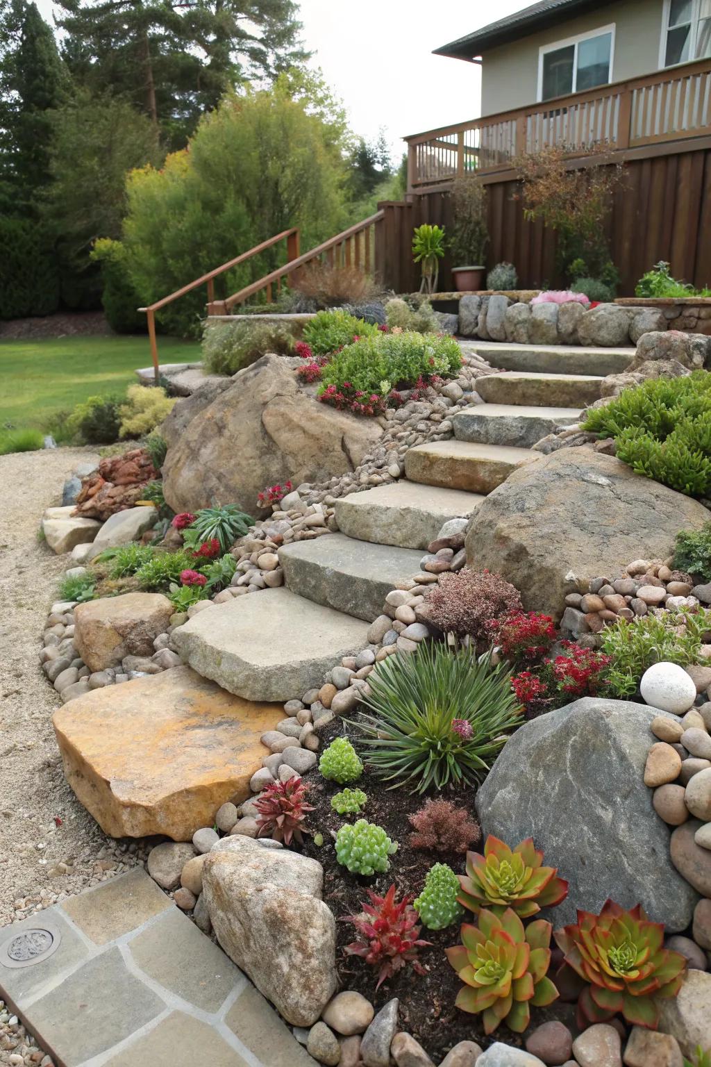 A creative DIY rock garden on a split-level landscape.