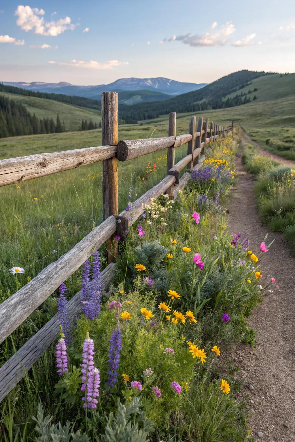 Wildflowers create a lively border along this split rail fence.
