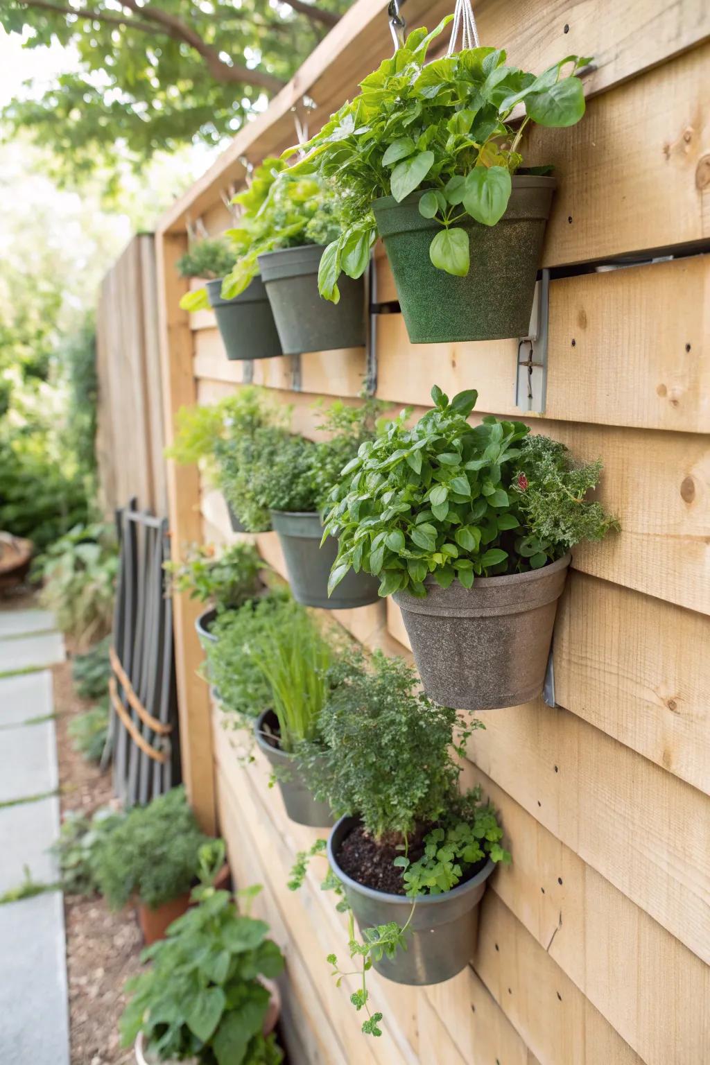 A vertical herb garden brings fresh flavors within easy reach.
